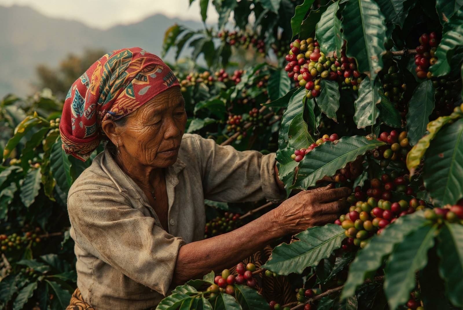 Nepali Coffee Farmer Picking Coffee Cherries in Nuwakot