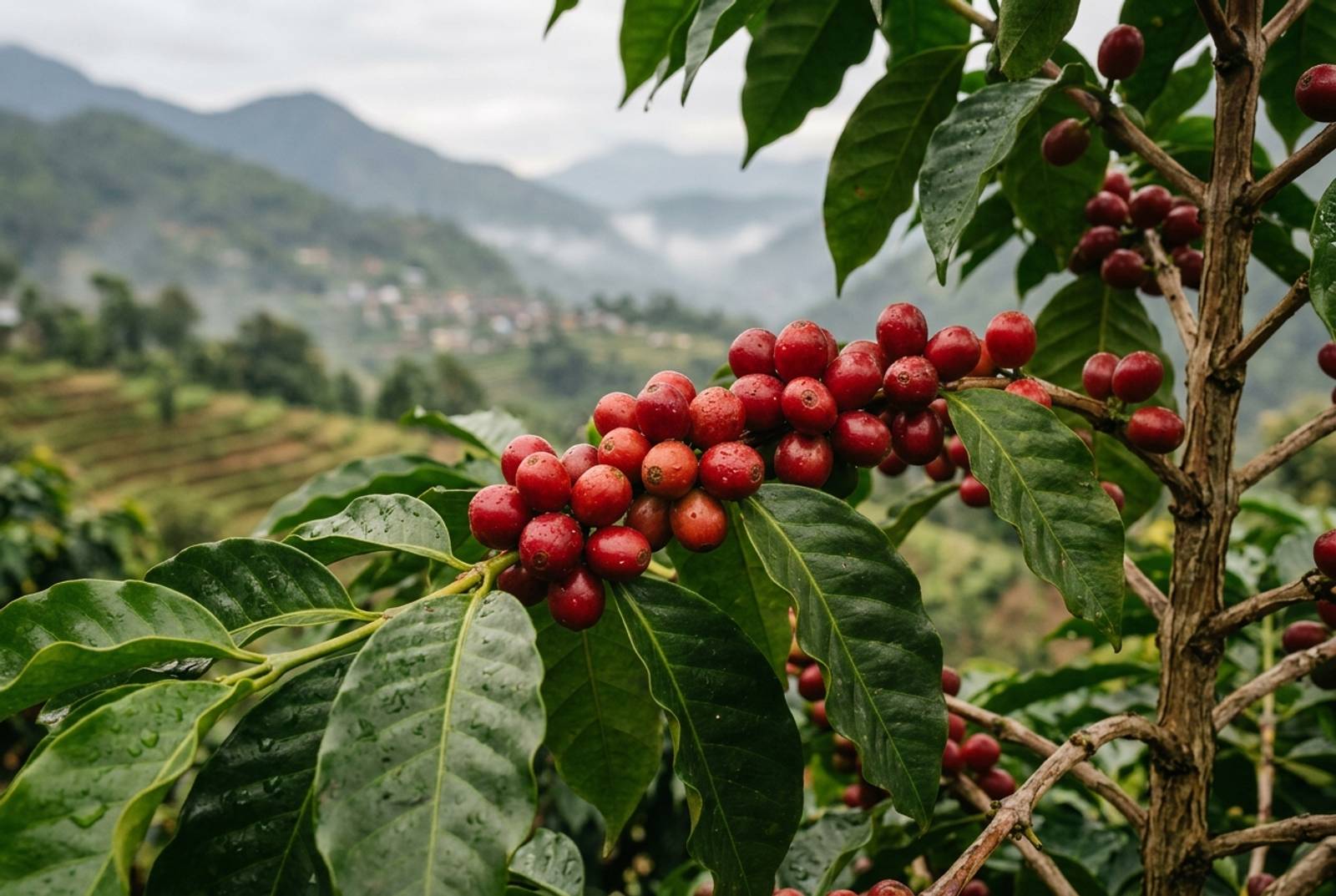 Coffee cherries growing in Nuwakot