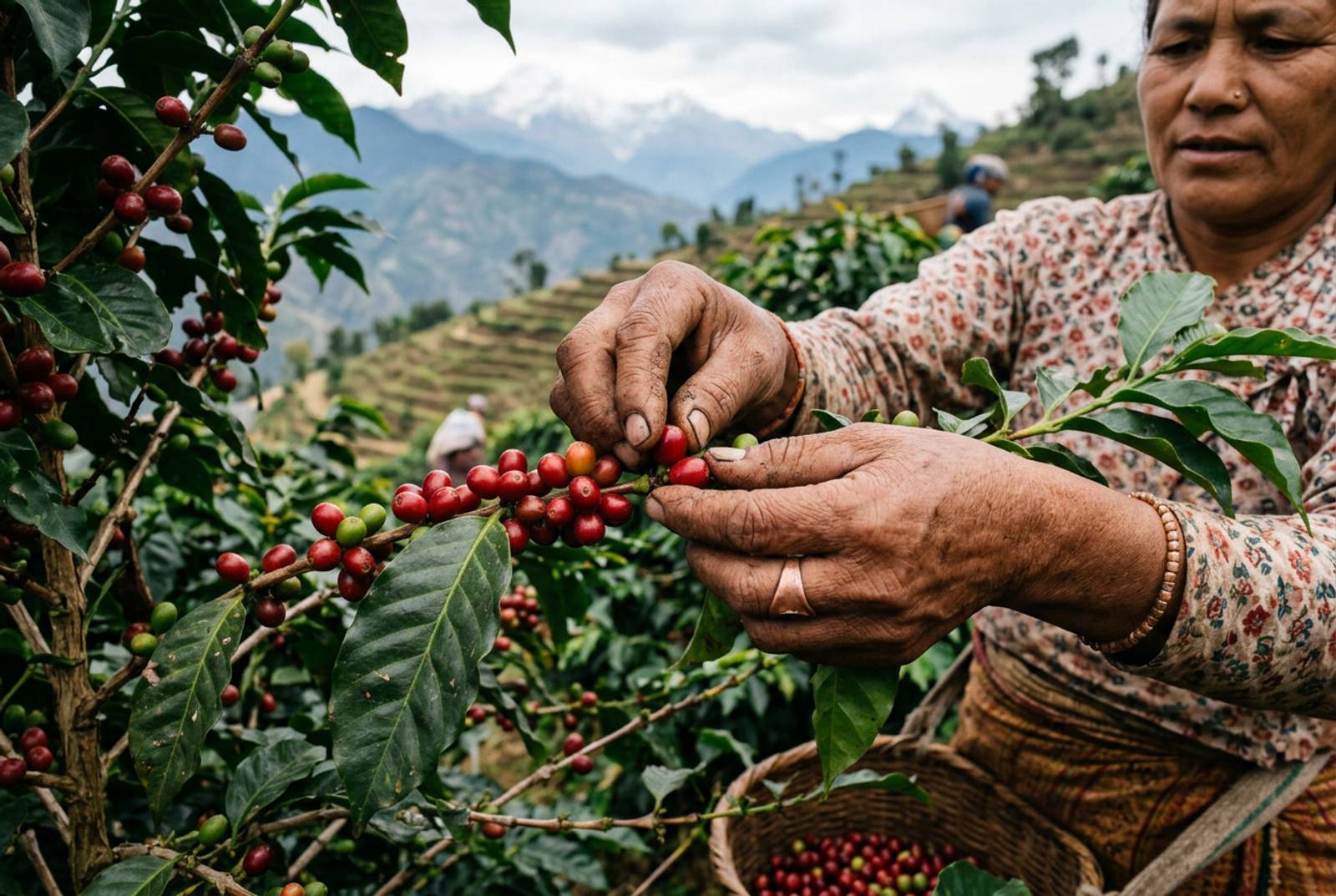 Hand-picking coffee cherries