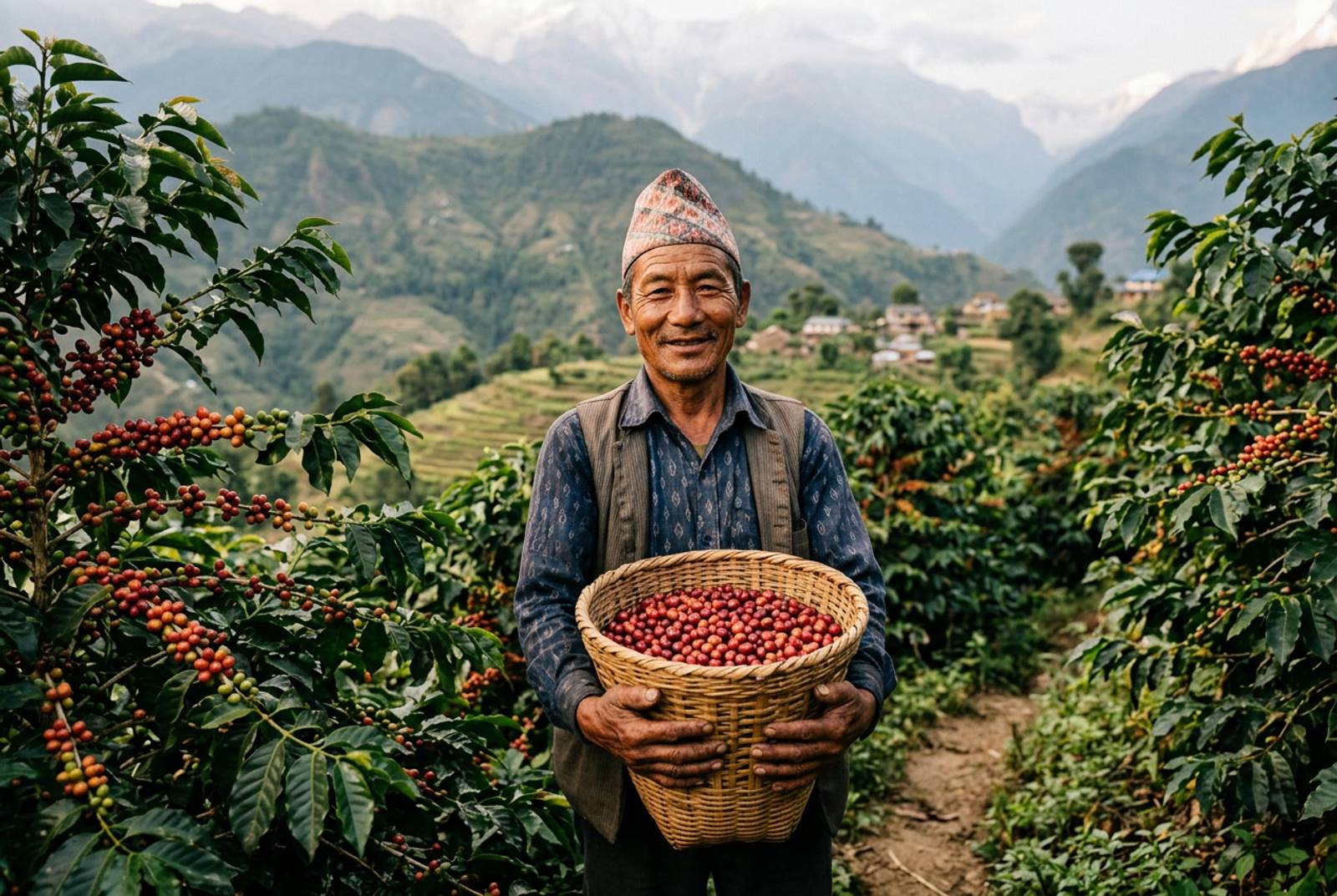 Coffee farmer among cherry plants